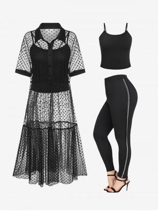Heart Pattern Sheer Mesh Longline Blouse with Camisole Twinset and Chains Pants Plus Size Fall Outfit