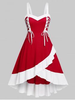 Plus Size Colorblock Lace Up High Low Midi Dress - RED - L | US 12
