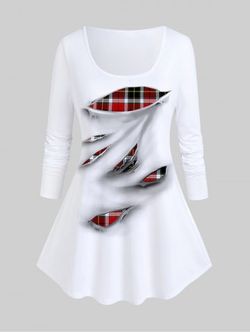 Plus Size Long Sleeve 3D Ripped Print Plaid T-shirt - WHITE - 5X | US 30-32