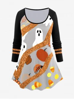 Halloween Colorblock Pumpkins Ghosts Printed Raglan Sleeves Tee - GRAY - 5X | US 30-32