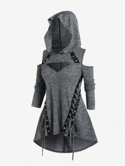 Gothic Cutout Lace-up Buckles Cold Shoulder High Low Hooded Tee - GRAY - 1X | US 14-16