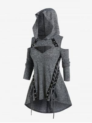 Gothic Cutout Lace-up Buckles Cold Shoulder High Low Hooded Tee