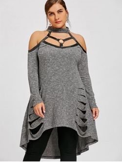 Plus Size Cold Shoulder Ripped High Low Longline Knitted Top - GRAY - M | US 10