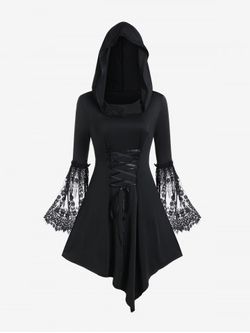 Gothic Bell Sleeve Hooded Lace Up Asymmetric Midi Dress - BLACK - 3X | US 22-24