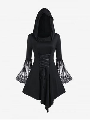 Gothic Bell Sleeve Hooded Lace Up Asymmetric Midi Dress
