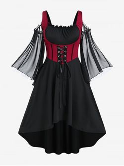 Robe Mi-Longue Gothique Haute Basse Epaule Dénudée à Manches Evasées - BLACK - 1X | US 14-16