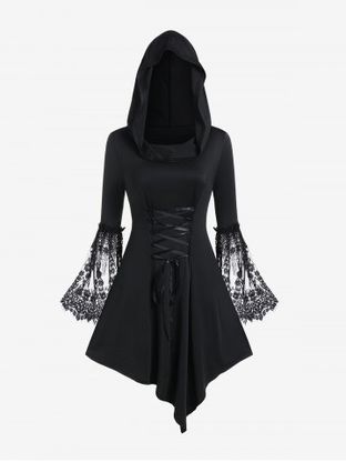 Witch Halloween Costume Bell Sleeve Hooded Lace Up Asymmetric Midi Dress