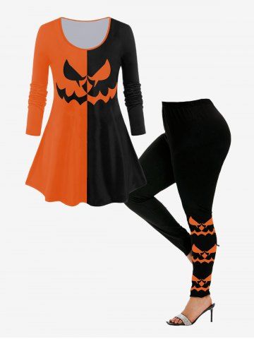 Halloween Colorblock Long Sleeves Tee and Cartoon Pattern Leggings - ORANGE