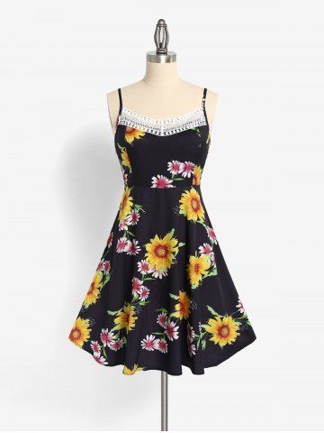 Plus Size & Curve Sunflower Print Cami Sundress (Adjustable Straps) - BLACK - 1X