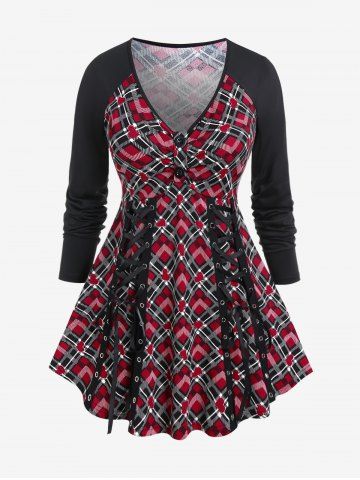 Plus Size Heart Plaid Printed Lace-up Raglan Sleeves Tunic Tee - DEEP RED - M | US 10
