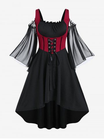 Cold Shoulder Flare Sleeves Lace Up High Low A Line Midi Gothic Dress - BLACK - 3X | US 22-24