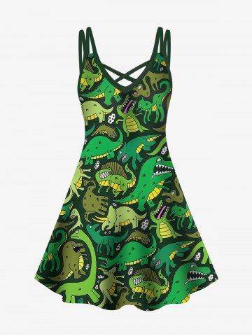 Plus Size Crisscross Dinosaur Print A Line Dress - GREEN - 2X | US 18-20