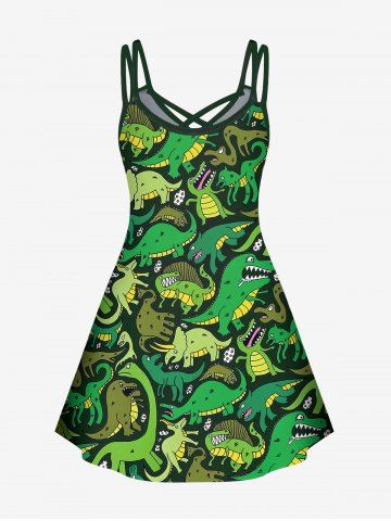 Plus Size Crisscross Dinosaur Print A Line Dress