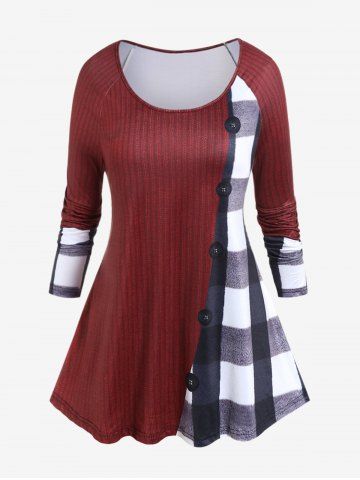 Plus Size Raglan Sleeve Plaid 3D Ribbed Print Tee