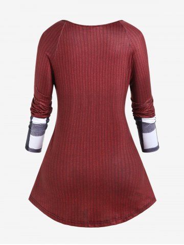 Plus Size Raglan Sleeve Plaid 3D Ribbed Print Tee