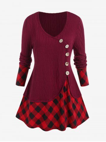 Plus Size Mixed Media Plaid Cable Knit Panel Tee - DEEP RED - M | US 10