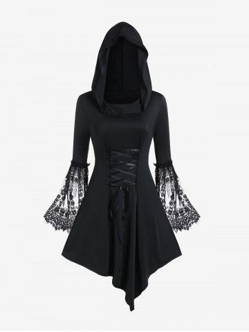 Gothic Plus Size Floral Lace Panel Bell Sleeves Lace Up Hooded Asymmetric Dress - BLACK - 2X | US 18-20