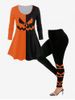 Halloween Colorblock Long Sleeves Tee and Cartoon Pattern Leggings -  
