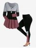Colorblock Long Sleeves Tee with Buttons and Leggings Plus Size Outfit -  
