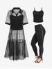 Heart Pattern Sheer Mesh Longline Blouse with Camisole Twinset and Chains Pants Plus Size Fall Outfit -  