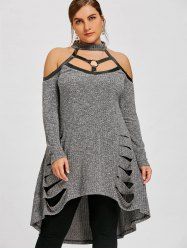 Plus Size Cold Shoulder Ripped High Low Longline Knitted Top -  