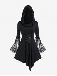 Robe Mi-Longue à Capuche Asymétrique Gothique à Manches de Cloche à Lacets - Noir 5x | US 30-32