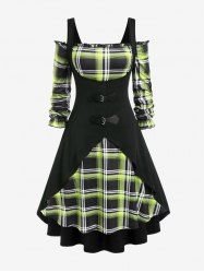 Plus Size Plaid Cold Shoulder Ruffles Asymmetric A Line Midi Dress Set with Buckles -  