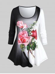 Plus Size Colorblock Rose Print T-shirt -  