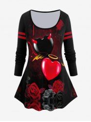Plus Size Hearts Rose Printed Raglan Sleeves T-shirt -  