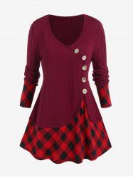 Plus Size Mixed Media Plaid Cable Knit Panel Tee -  