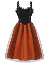 Vintage Colorblock Lace Ruffle Mesh Grommet A Line Dress -  