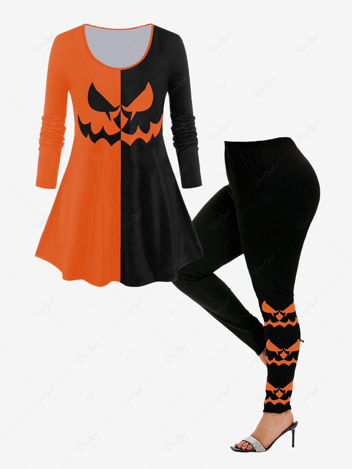 New Halloween Colorblock Long Sleeves Tee and Cartoon Pattern Leggings  