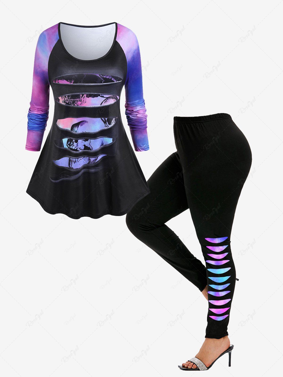 Cheap Skull Ombre Raglan Sleeves Tee and 3D Ripped Printed Leggings Outfit  