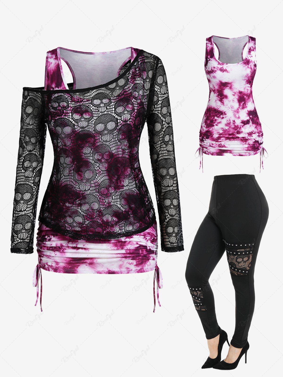 Sale Gothic Skull Lace Tee and Cinched Tie Dye Tank Top Set and Lace Panel Studded Pants Outfit  