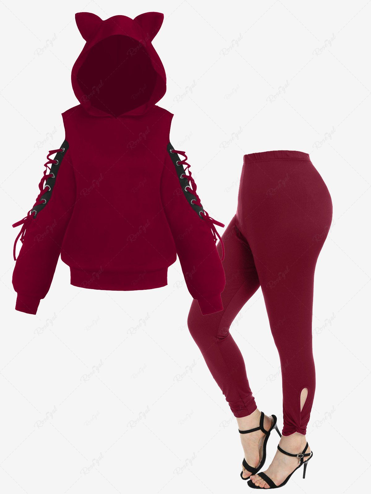 Buy Cold Shoulder Lace Up Hoodie and High Rise Cutout Twist Leggings Plus Size Outfit  