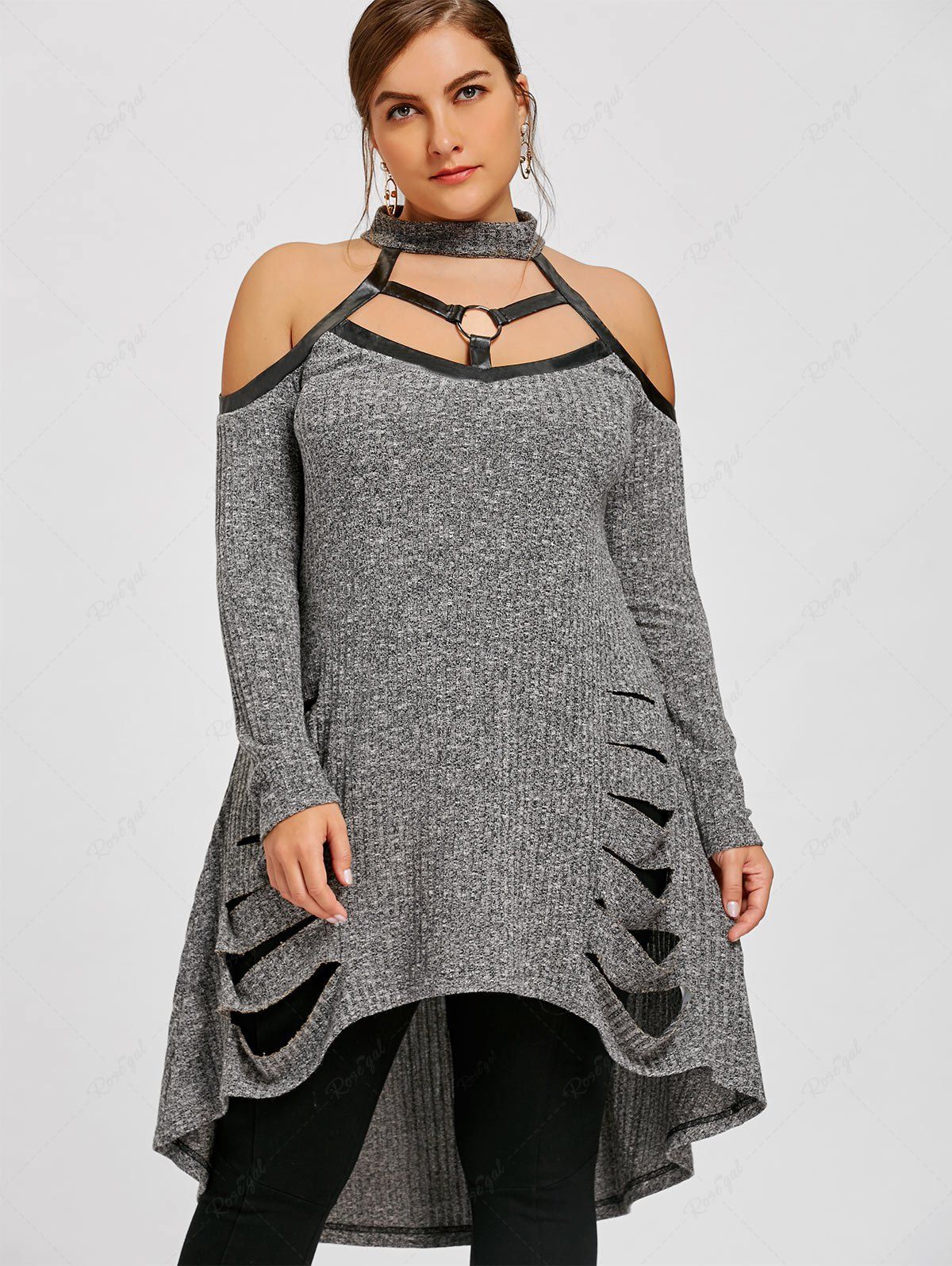 Hot Plus Size Cold Shoulder Ripped High Low Longline Knitted Top  