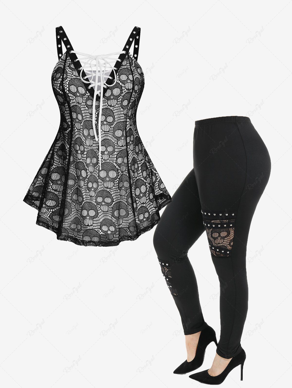 Best Gothic Skulls Lace Up Grommet Colorblock Tank Top and Rivets Pull On Pants Outfit  