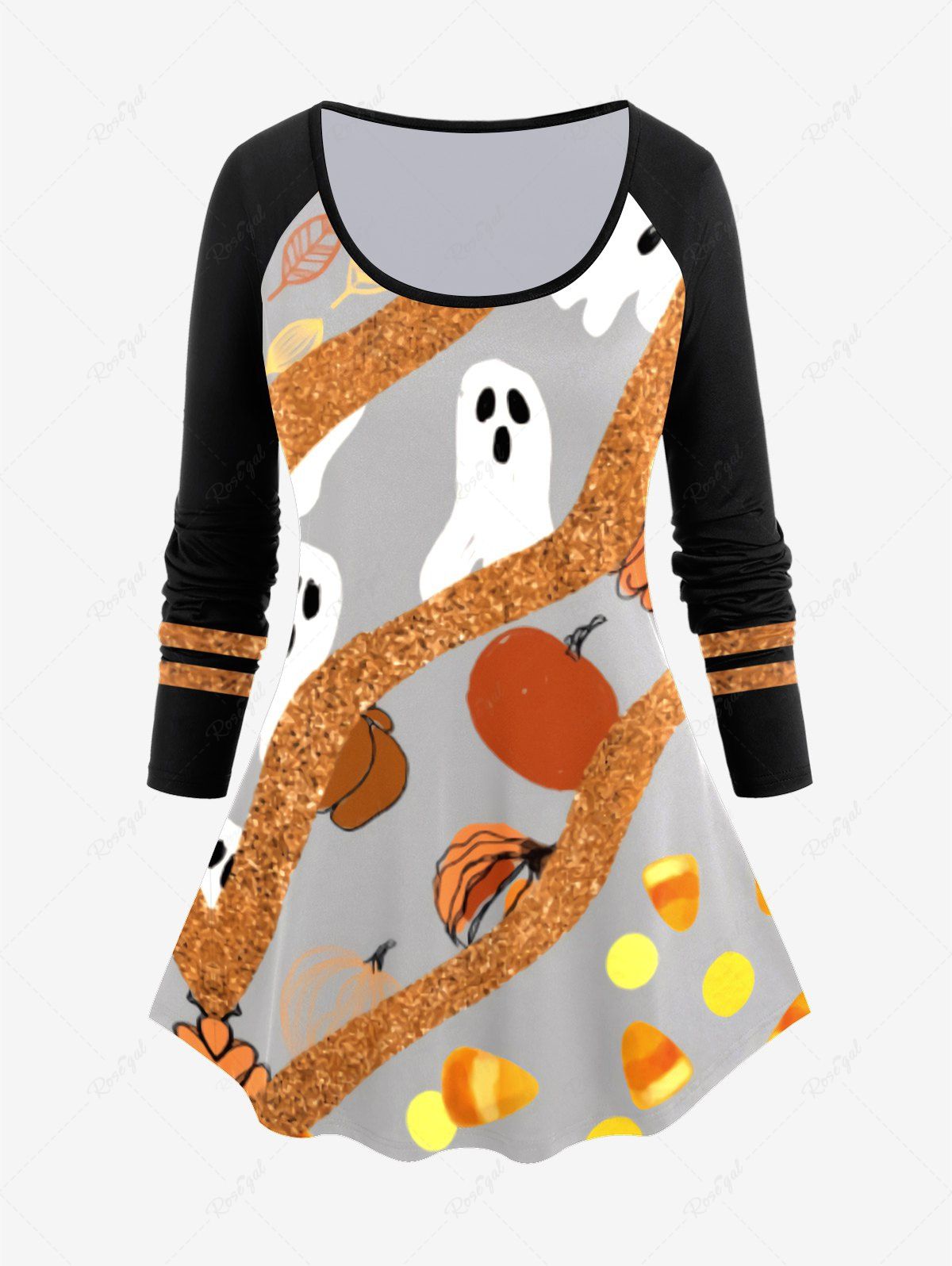T-Shirt à Manches Raglan à Imprimé Fantômes Citrouille D'Halloween Gris 5x | US 30-32