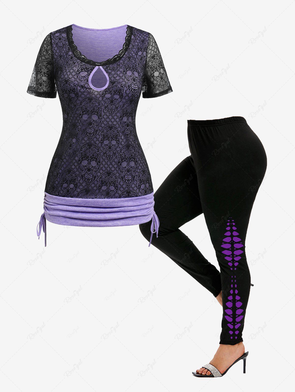 Discount Keyhole Skull Lace Cinched Tee and Skeleton Printed Leggings Gothic Outfit  