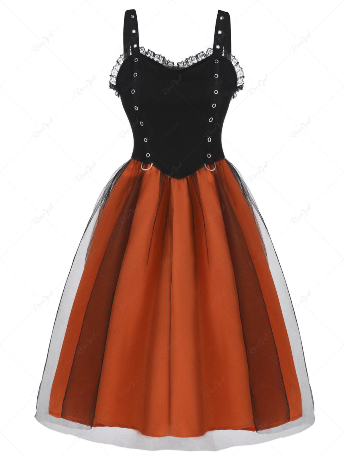 Best Vintage Colorblock Lace Ruffle Mesh Grommet A Line Dress  