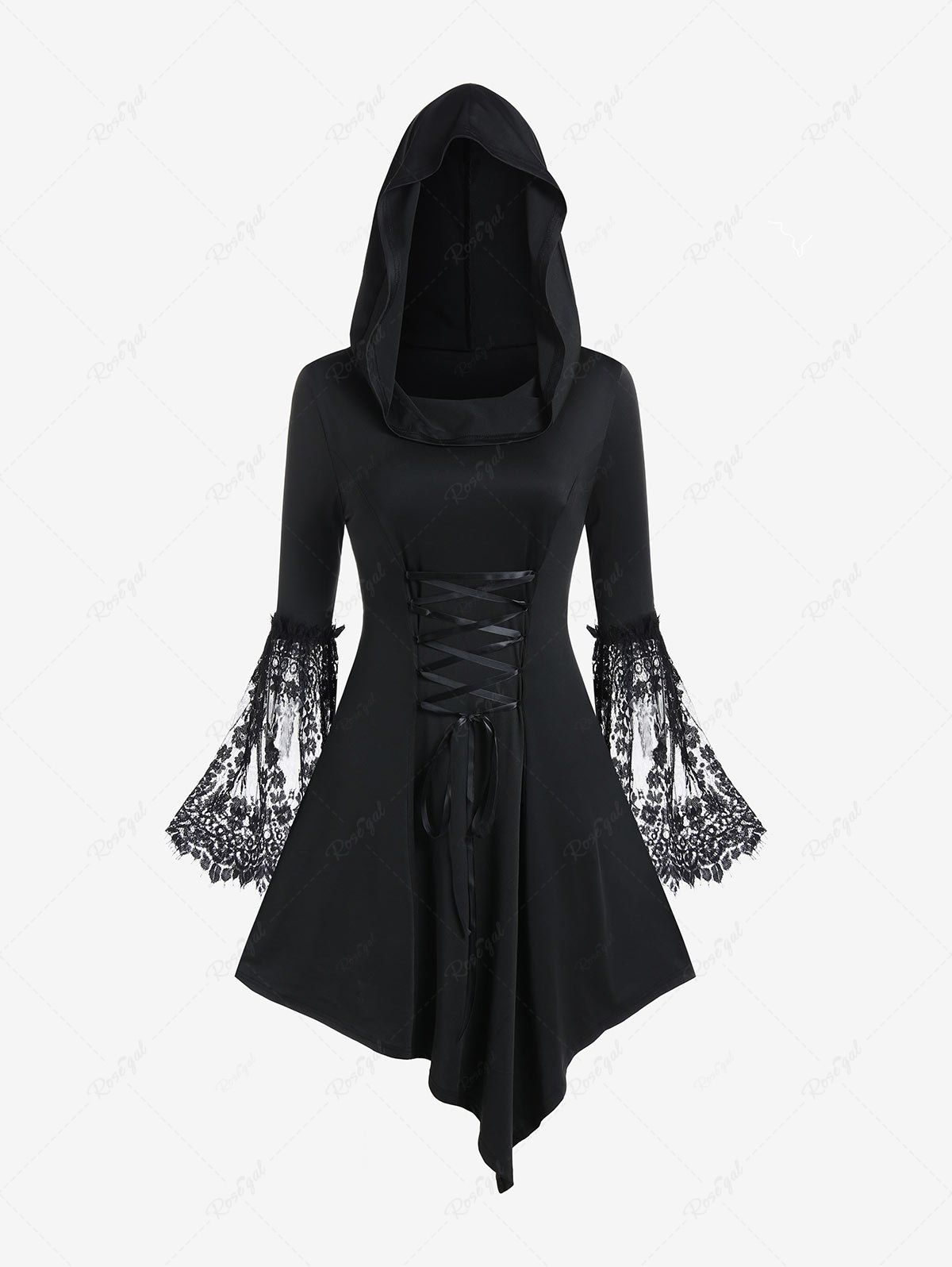 Fashion Witch Halloween Costume Bell Sleeve Hooded Lace Up Asymmetric Midi Dress  