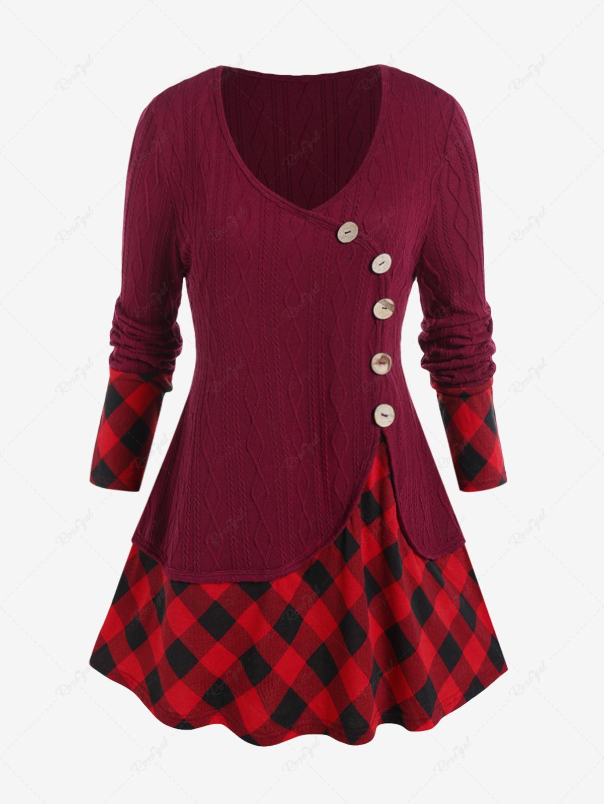 Outfit Plus Size Mixed Media Plaid Cable Knit Panel Tee  