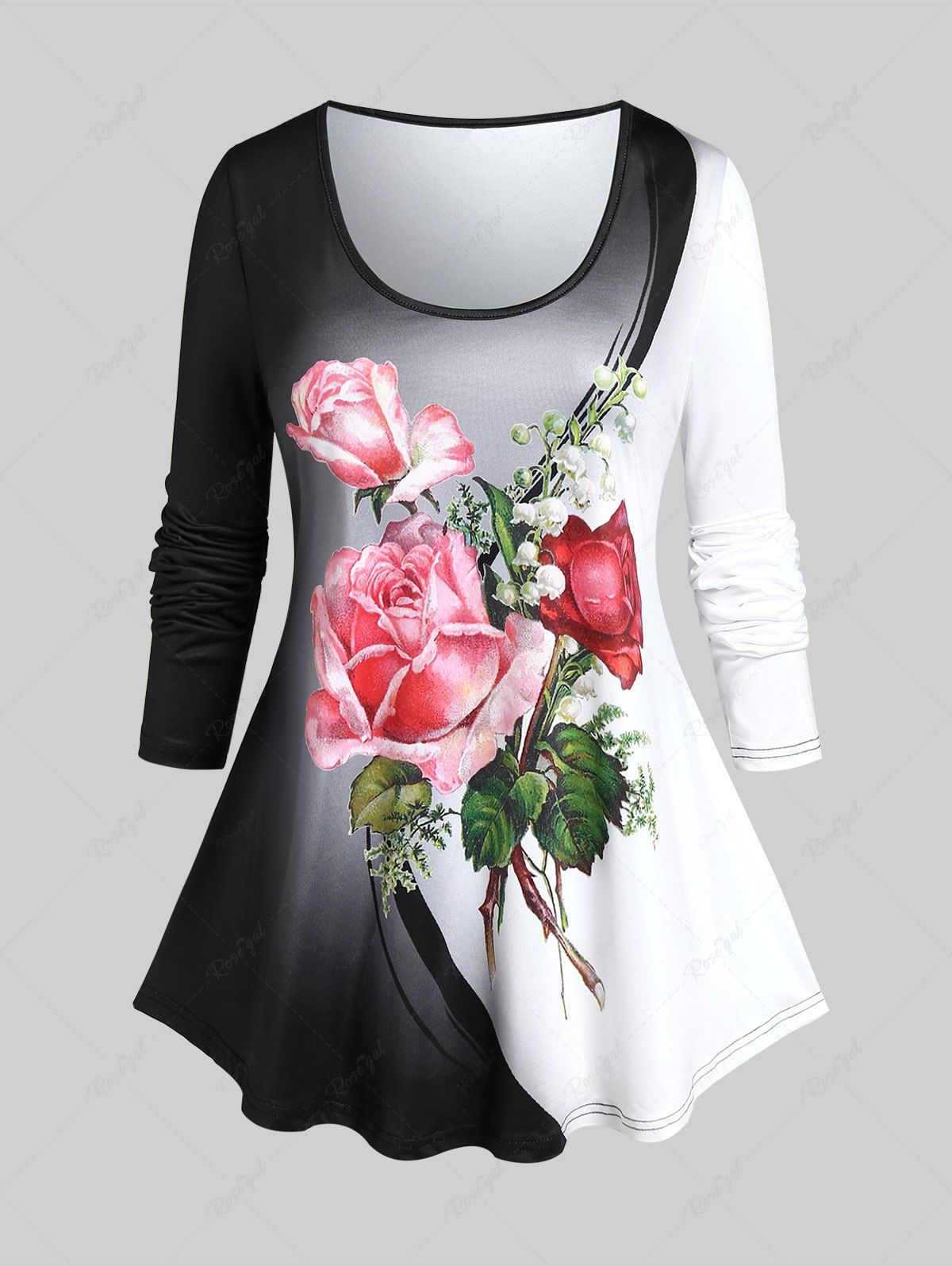 Latest Plus Size Colorblock Rose Print T-shirt  