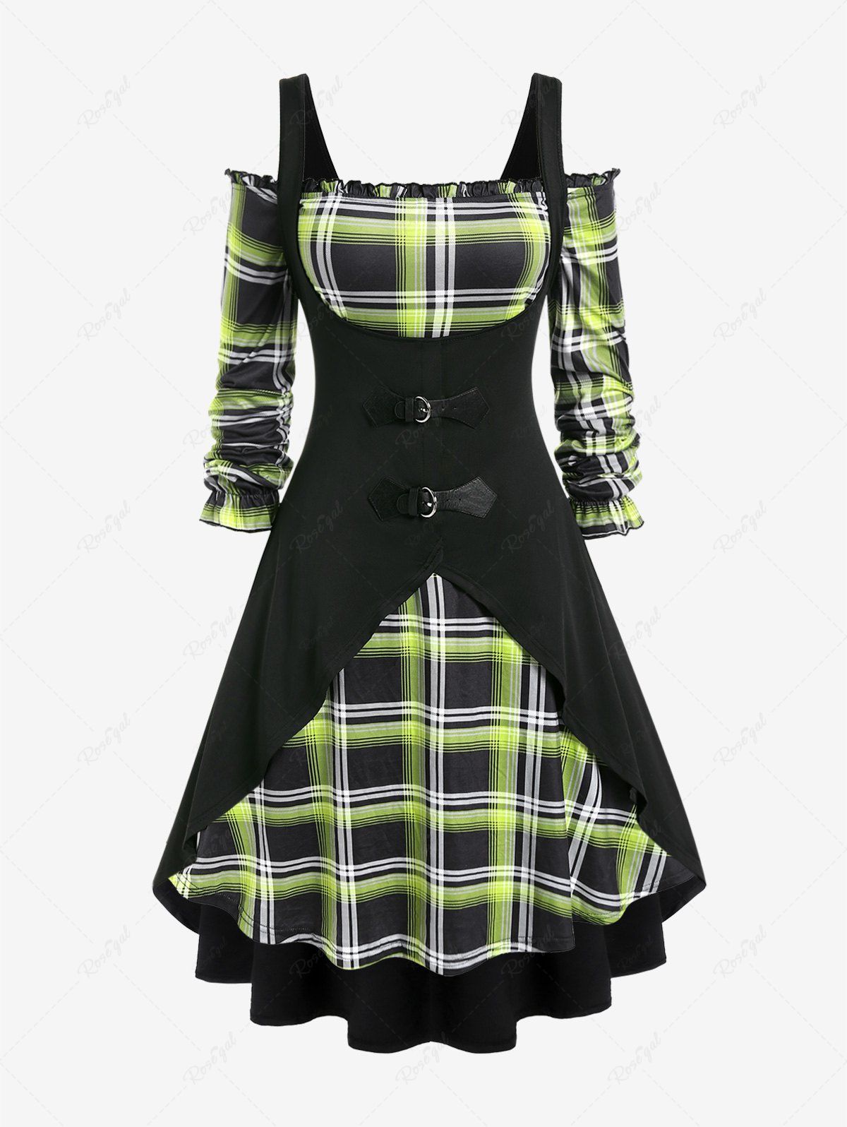 Affordable Plus Size Plaid Cold Shoulder Ruffles Asymmetric A Line Midi Dress Set with Buckles  
