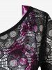 Gothic Skull Lace Tee and Cinched Tie Dye Tank Top Set and Lace Panel Studded Pants Outfit -  