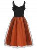 Vintage Colorblock Lace Ruffle Mesh Grommet A Line Dress -  