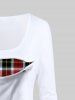 T-shirt à Carreaux Déchiré Imprimé de Grande Taille à Manches Longues - Blanc 5x | US 30-32