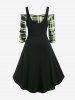 Plus Size Plaid Cold Shoulder Ruffles Asymmetric A Line Midi Dress Set with Buckles -  