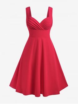Plus Size Sweetheart Neck Ruched Bust Vintage Pin Up Dress - DEEP RED - L