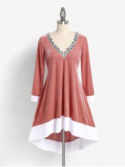 Plus Size Velvet High Low Sequins Dress - RED - 5X